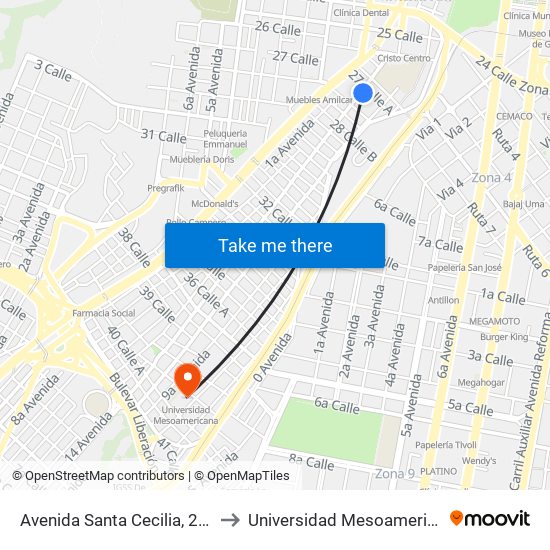 Avenida Santa Cecilia, 27-41 to Universidad Mesoamericana map