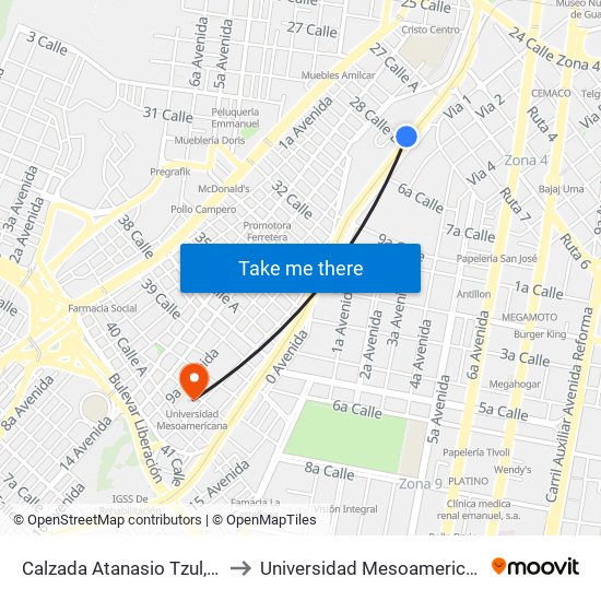 Calzada Atanasio Tzul, 11 to Universidad Mesoamericana map