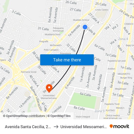 Avenida Santa Cecilia, 28-71 to Universidad Mesoamericana map