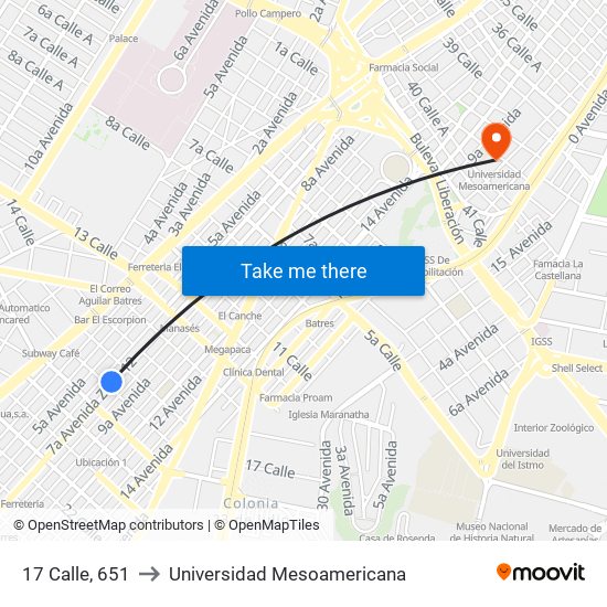 17 Calle, 651 to Universidad Mesoamericana map