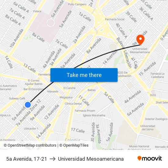 5a Avenida, 17-21 to Universidad Mesoamericana map