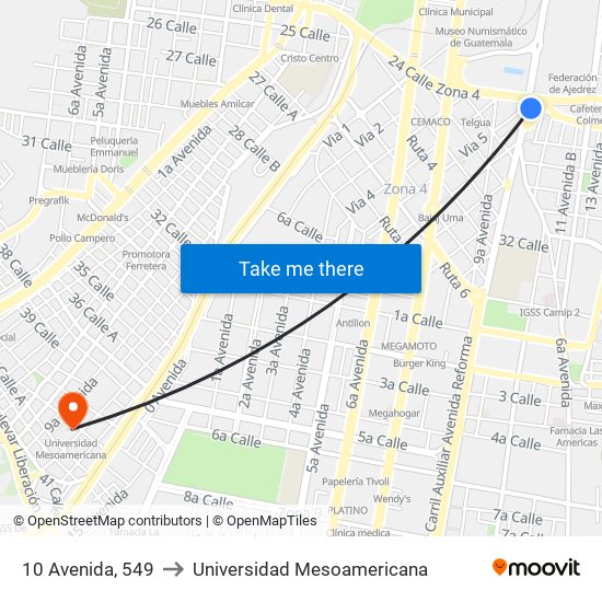 10 Avenida, 549 to Universidad Mesoamericana map