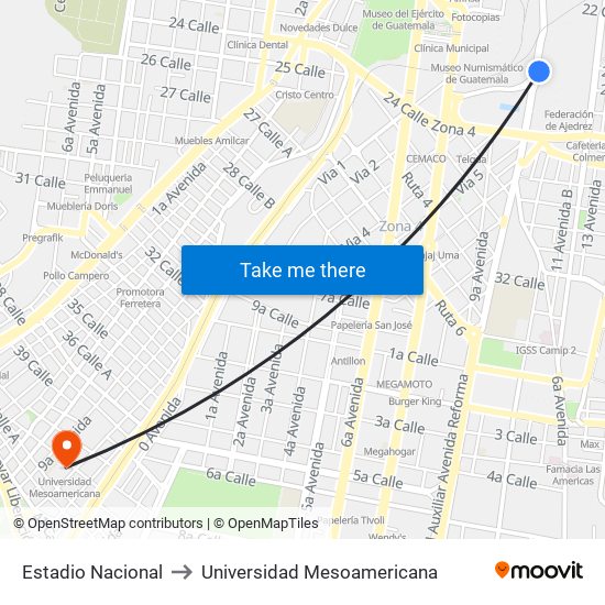 Estadio Nacional to Universidad Mesoamericana map