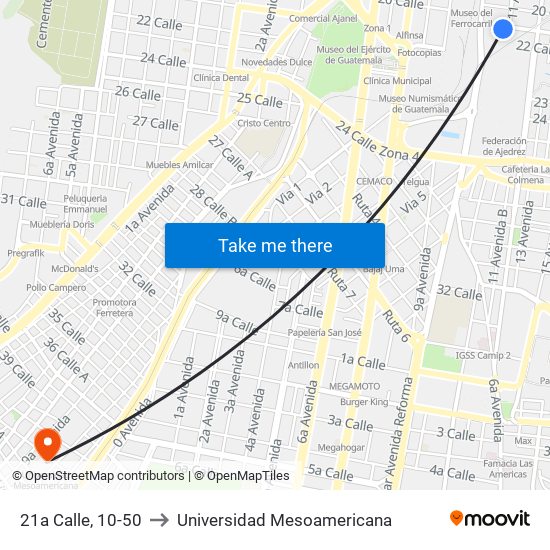 21a Calle, 10-50 to Universidad Mesoamericana map