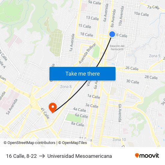 16 Calle, 8-22 to Universidad Mesoamericana map