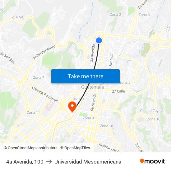 4a Avenida, 100 to Universidad Mesoamericana map