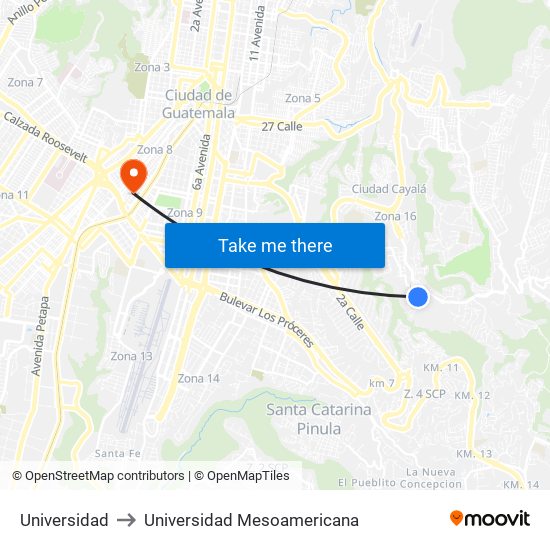 Universidad to Universidad Mesoamericana map