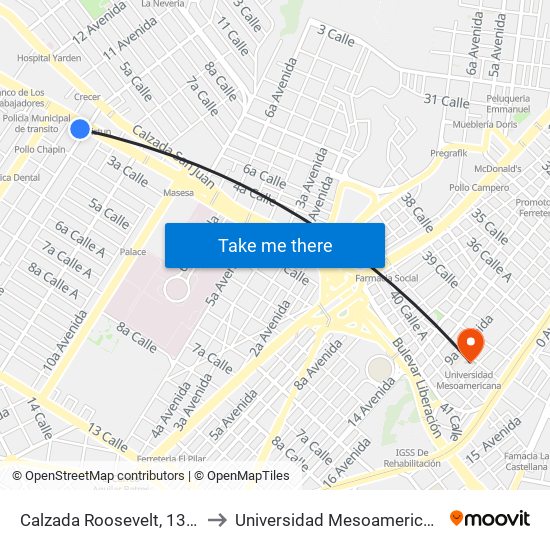 Calzada Roosevelt, 1347 to Universidad Mesoamericana map