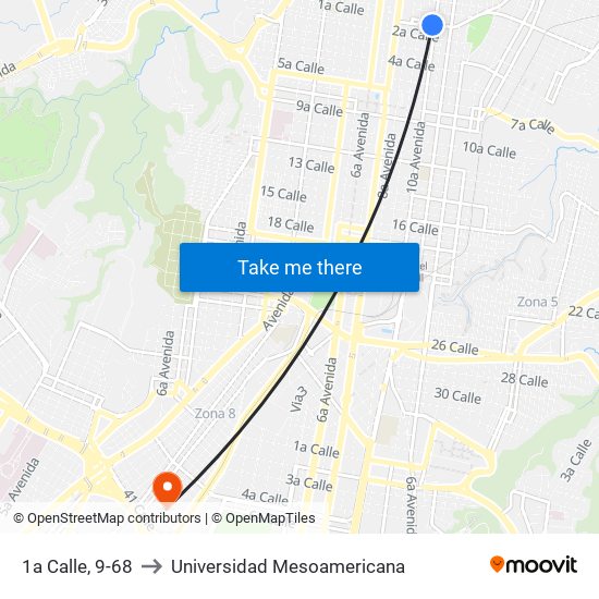 1a Calle, 9-68 to Universidad Mesoamericana map