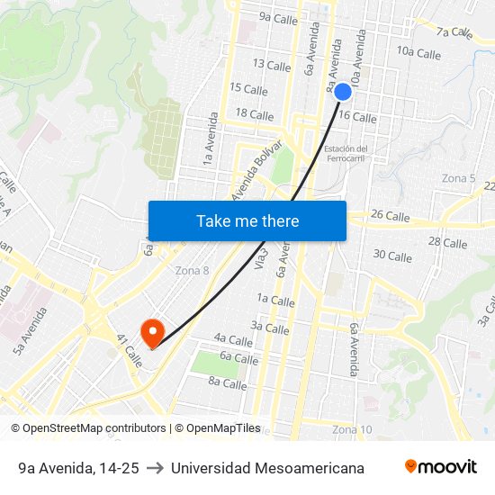 9a Avenida, 14-25 to Universidad Mesoamericana map