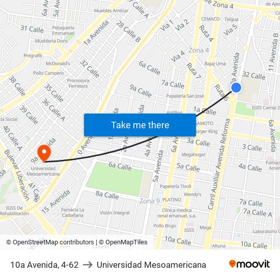 10a Avenida, 4-62 to Universidad Mesoamericana map