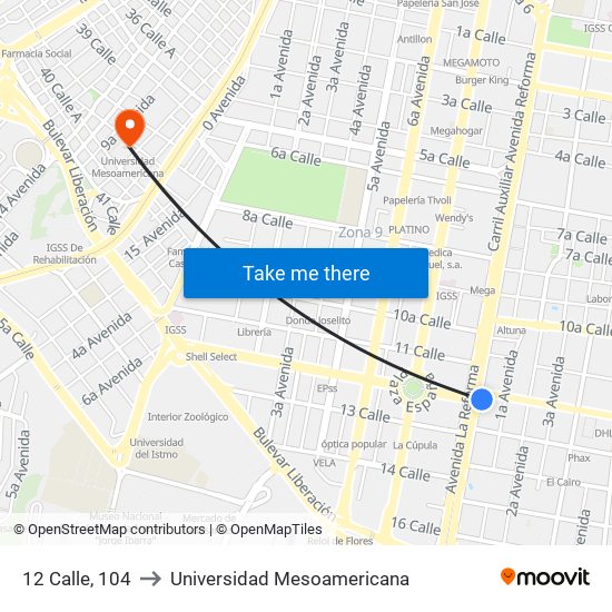 12 Calle, 104 to Universidad Mesoamericana map