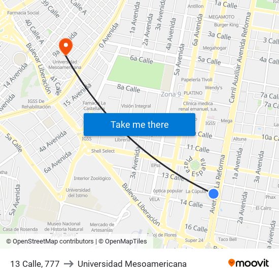 13 Calle, 777 to Universidad Mesoamericana map