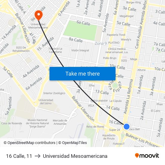 16 Calle, 11 to Universidad Mesoamericana map