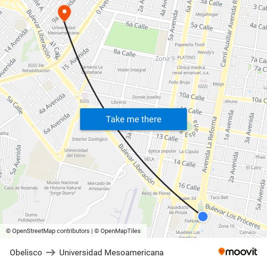 Obelisco to Universidad Mesoamericana map