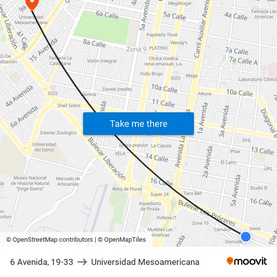 6 Avenida, 19-33 to Universidad Mesoamericana map