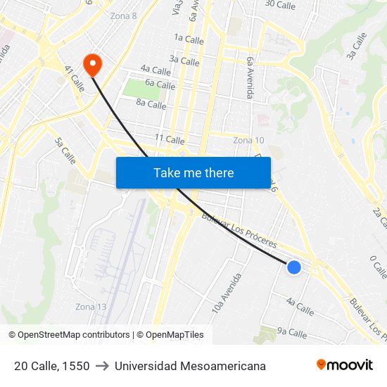 20 Calle, 1550 to Universidad Mesoamericana map