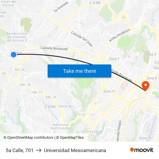 5a Calle, 701 to Universidad Mesoamericana map