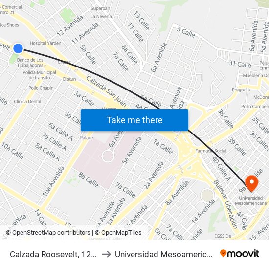 Calzada Roosevelt, 1276 to Universidad Mesoamericana map