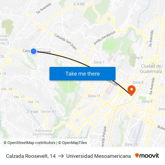 Calzada Roosevelt, 14 to Universidad Mesoamericana map