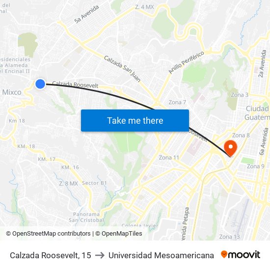 Calzada Roosevelt, 15 to Universidad Mesoamericana map