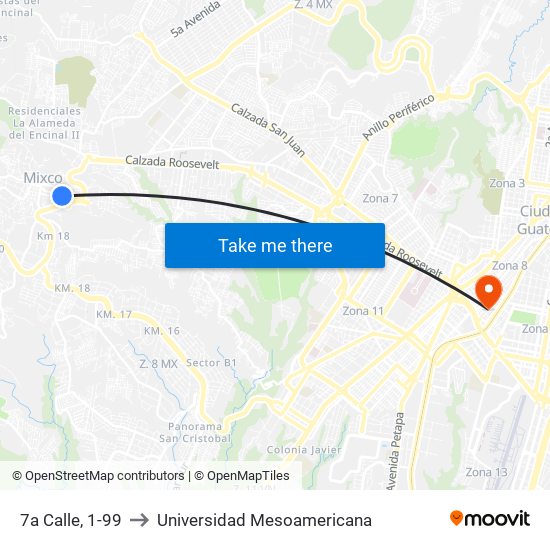 7a Calle, 1-99 to Universidad Mesoamericana map