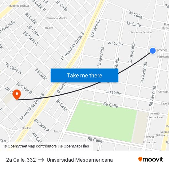 2a Calle, 332 to Universidad Mesoamericana map