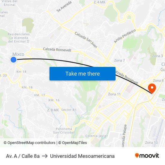 Av. A / Calle 8a to Universidad Mesoamericana map