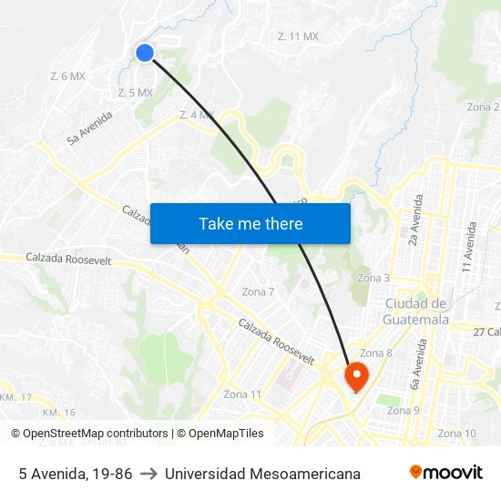 5 Avenida, 19-86 to Universidad Mesoamericana map