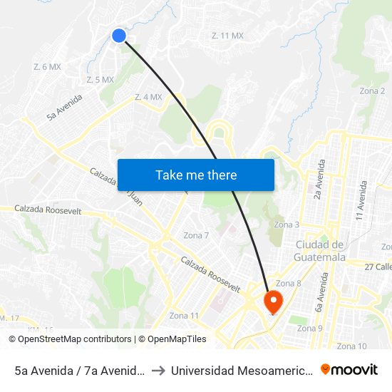 5a Avenida / 7a Avenida A to Universidad Mesoamericana map