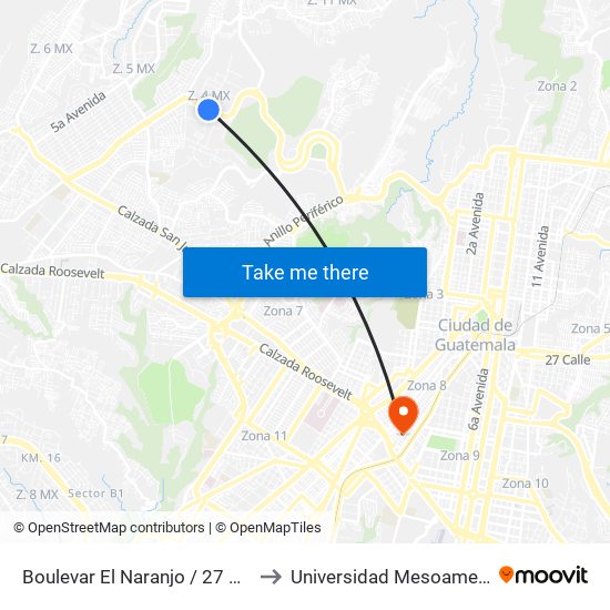 Boulevar El Naranjo / 27 Avenida to Universidad Mesoamericana map