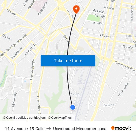 11 Avenida / 19 Calle to Universidad Mesoamericana map