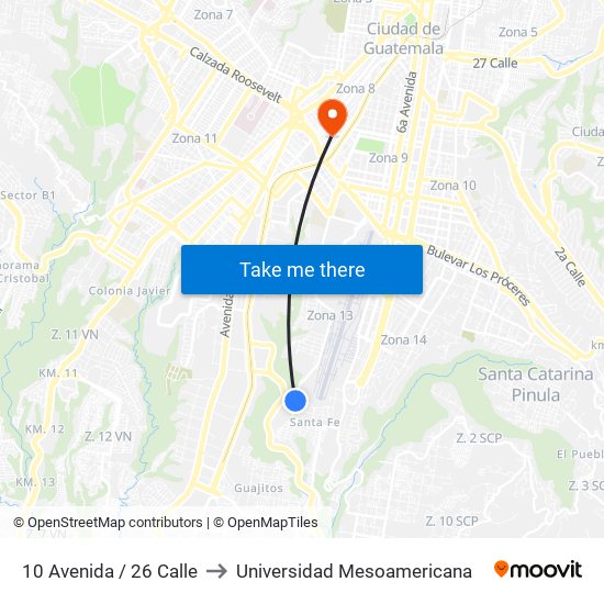 10 Avenida / 26 Calle to Universidad Mesoamericana map