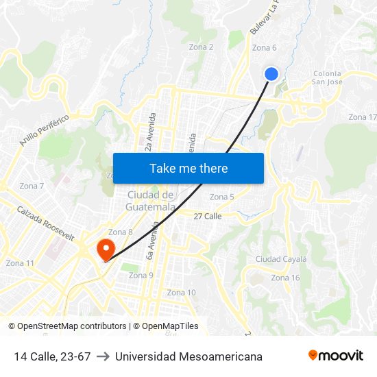 14 Calle, 23-67 to Universidad Mesoamericana map