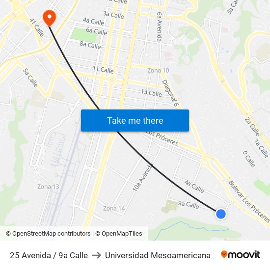 25 Avenida / 9a Calle to Universidad Mesoamericana map