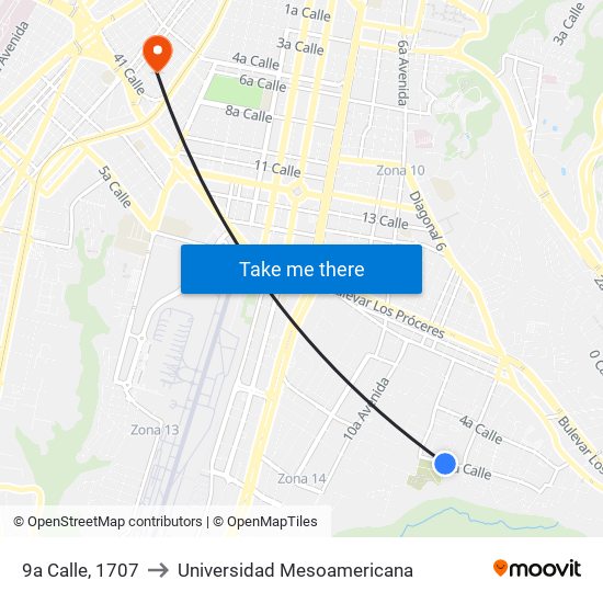 9a Calle, 1707 to Universidad Mesoamericana map