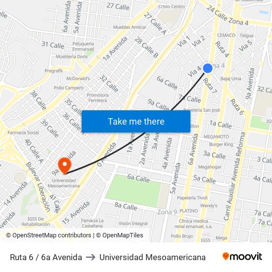 Ruta 6 / 6a Avenida to Universidad Mesoamericana map