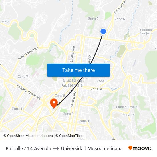 8a Calle / 14 Avenida to Universidad Mesoamericana map
