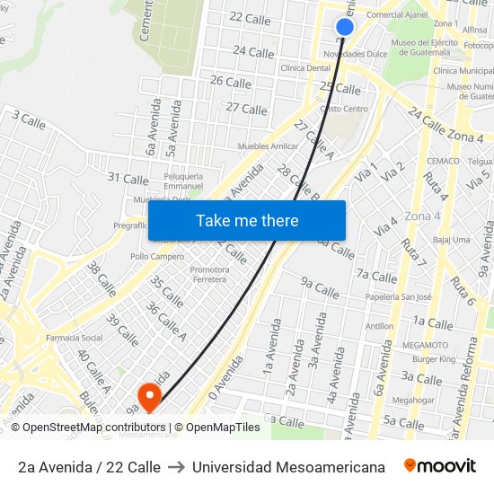 2a Avenida / 22 Calle to Universidad Mesoamericana map