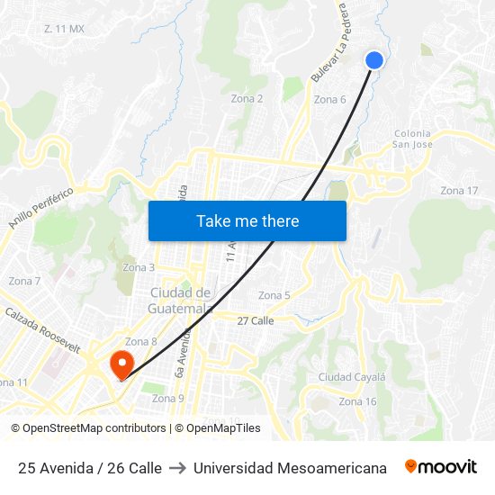 25 Avenida / 26 Calle to Universidad Mesoamericana map