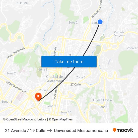 21 Avenida / 19 Calle to Universidad Mesoamericana map