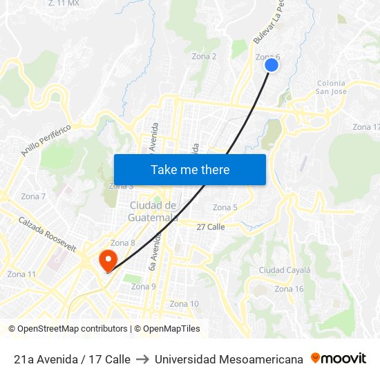 21a Avenida / 17 Calle to Universidad Mesoamericana map