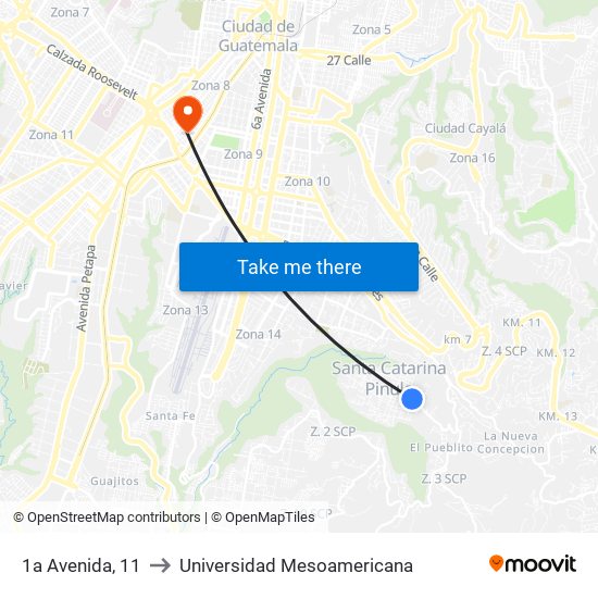 1a Avenida, 11 to Universidad Mesoamericana map