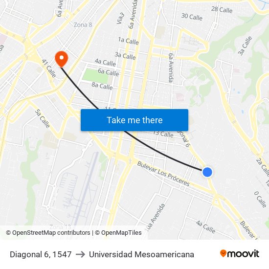 Diagonal 6, 1547 to Universidad Mesoamericana map