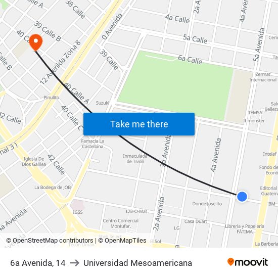 6a Avenida, 14 to Universidad Mesoamericana map