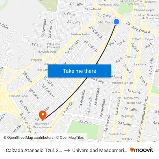 Calzada Atanasio Tzul, 25-40 to Universidad Mesoamericana map