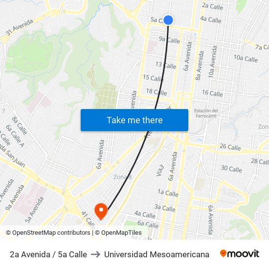 2a Avenida / 5a Calle to Universidad Mesoamericana map