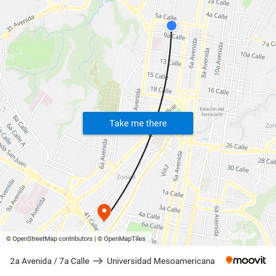 2a Avenida / 7a Calle to Universidad Mesoamericana map