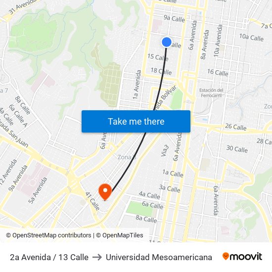 2a Avenida / 13 Calle to Universidad Mesoamericana map