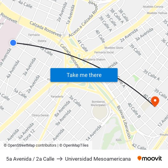 5a Avenida / 2a Calle to Universidad Mesoamericana map